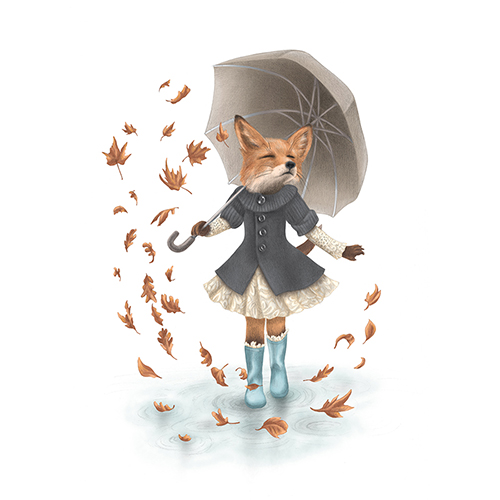 Illustration: Fuchsmädchen spaziert mit Regenschirm durch Herbstlaub